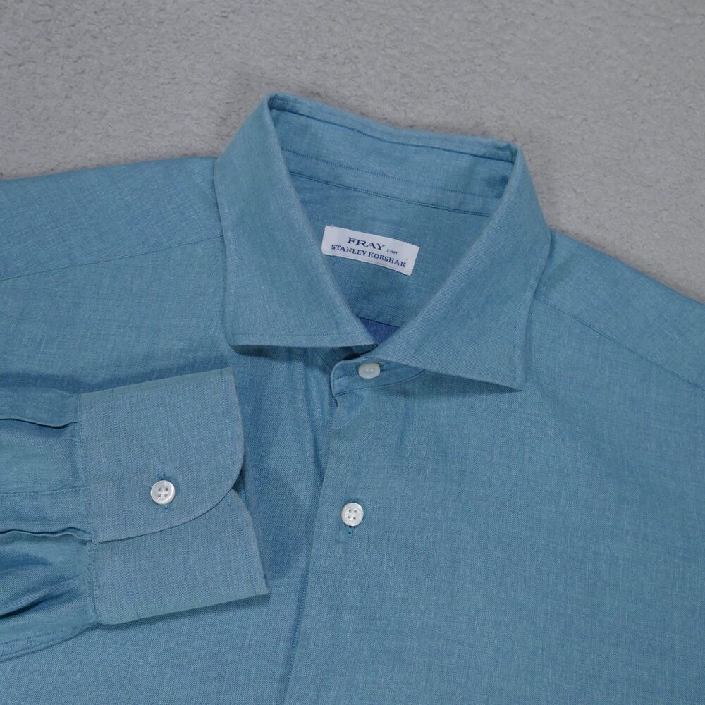 FRAY per Stanley Korshak Dress Shirt Mens XL Solid Blue Cotton Long Sleeve 17.5